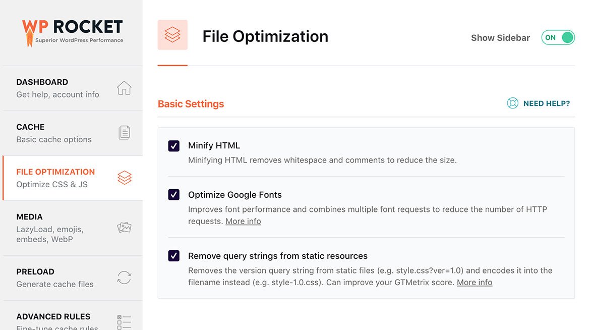 WP Rocket File Optimization Settings
